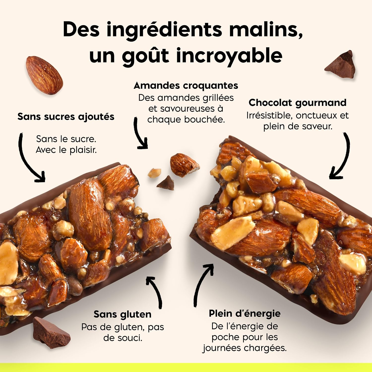 Detalle de NICKS amandel-chocoladerepen, 12 x 40 g, knapperig en zonder toegevoegde suiker
