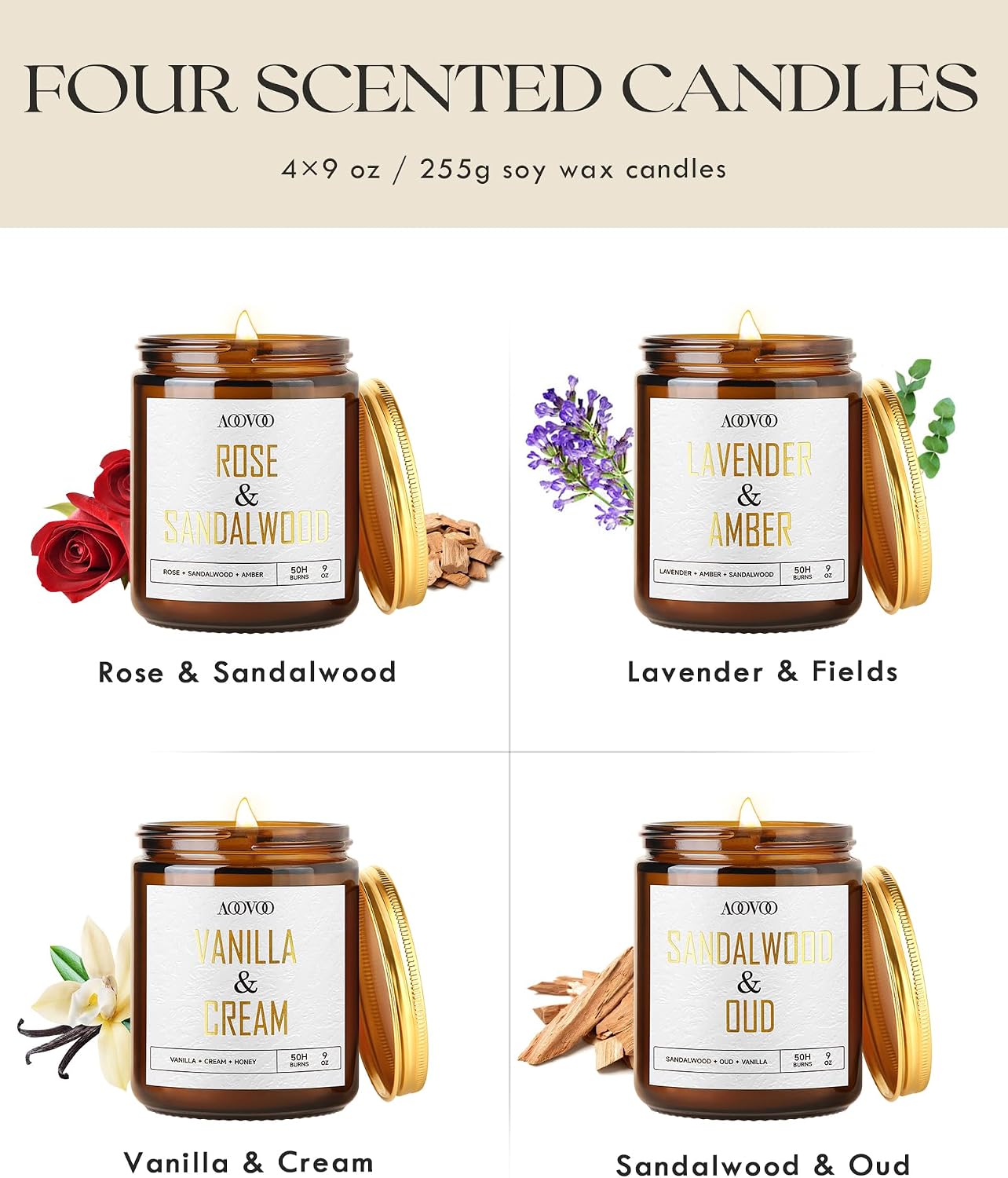 Detalle de AOOVOO 36 oz Scented Candle Set, Four Fragrances for Indoor Use