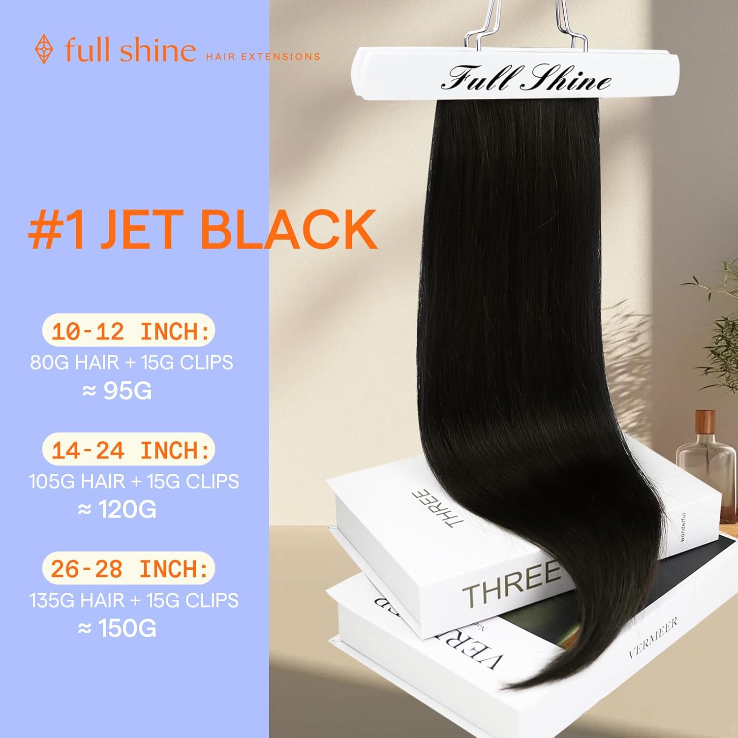 Thumbnail 1 de Full Shine #1 Jet Black Brazilian Clip-In Human Hair Extensions (Triple Weft, 20 Inch, 7 Pieces, 120g)
