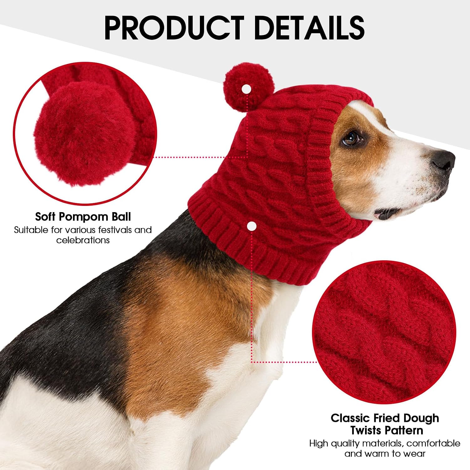 Detalle de CITÉTOILE Weihnachtsmütze für Hunde – gestrickte Santa-Mütze mit Zopfmuster und Bommel (Rot, L)