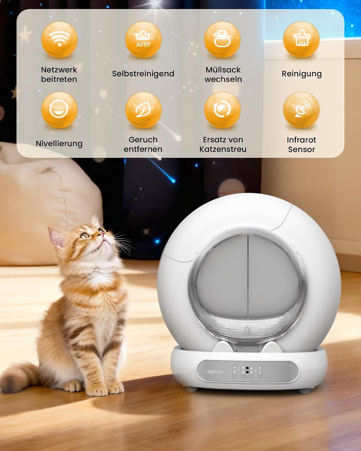 Detalle de LELO PAWS Selbstreinigende Katzentoilette mit Türvorhang – 65L/9L, App-Steuerung, Geruchskontrolle, XXL für Mehrkatzen
