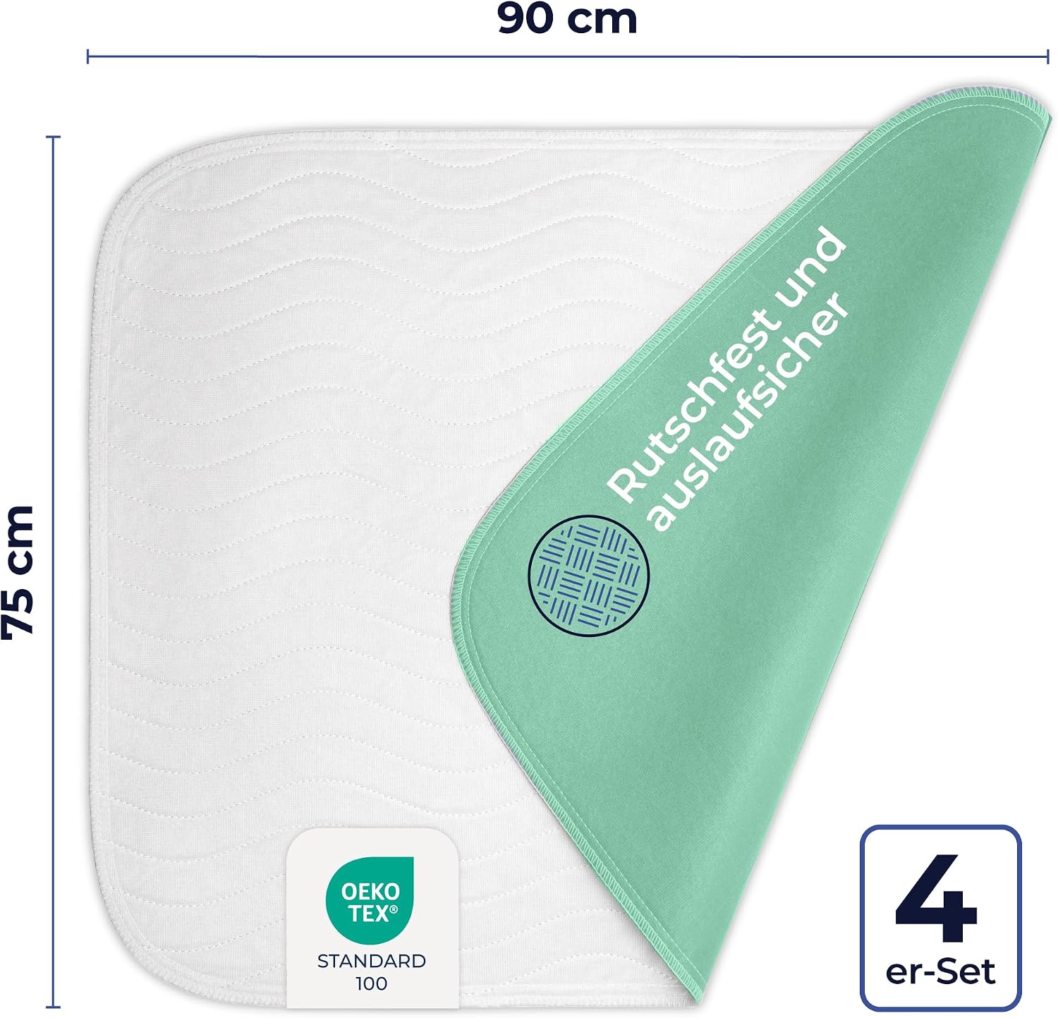 Detalle 2 de Dreamzie Inkontinenzunterlage 75x90 cm – 4er-Set, waschbar, wasserdicht, rutschfeste Unterseite