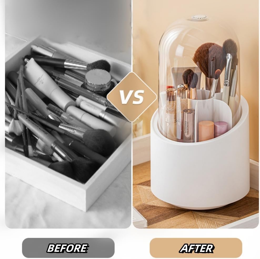 Detalle de Fantasee 360° Rotating Makeup Brush Organizer – 7 Compartment, White Cylindrical with Transparent Dustproof Cover