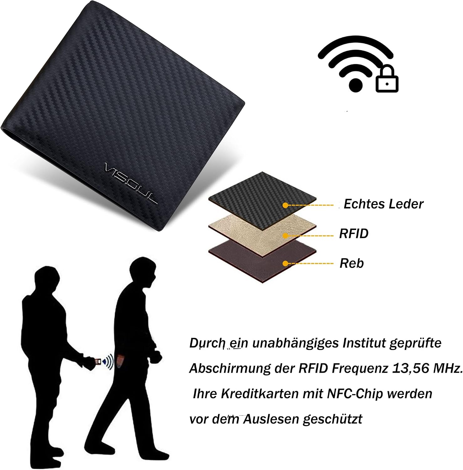 Detalle de VISOUL Leder Geldbörse Herren mit ID Fenster & RFID-Schutz – Echtleder Portemonnaie, 12 Fächer, 9x11x1,5 cm