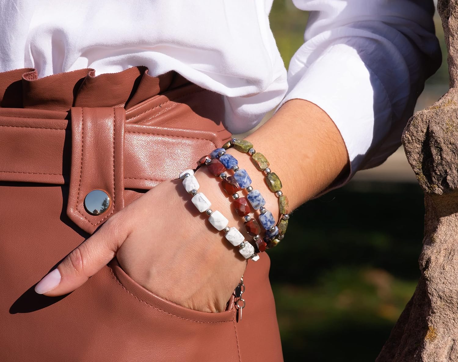 Thumbnail 1 de 10:10 Bracciale Uomo Donna: eleganza daily con nuggets di diaspro e sfere diamantate in acciaio anallergico