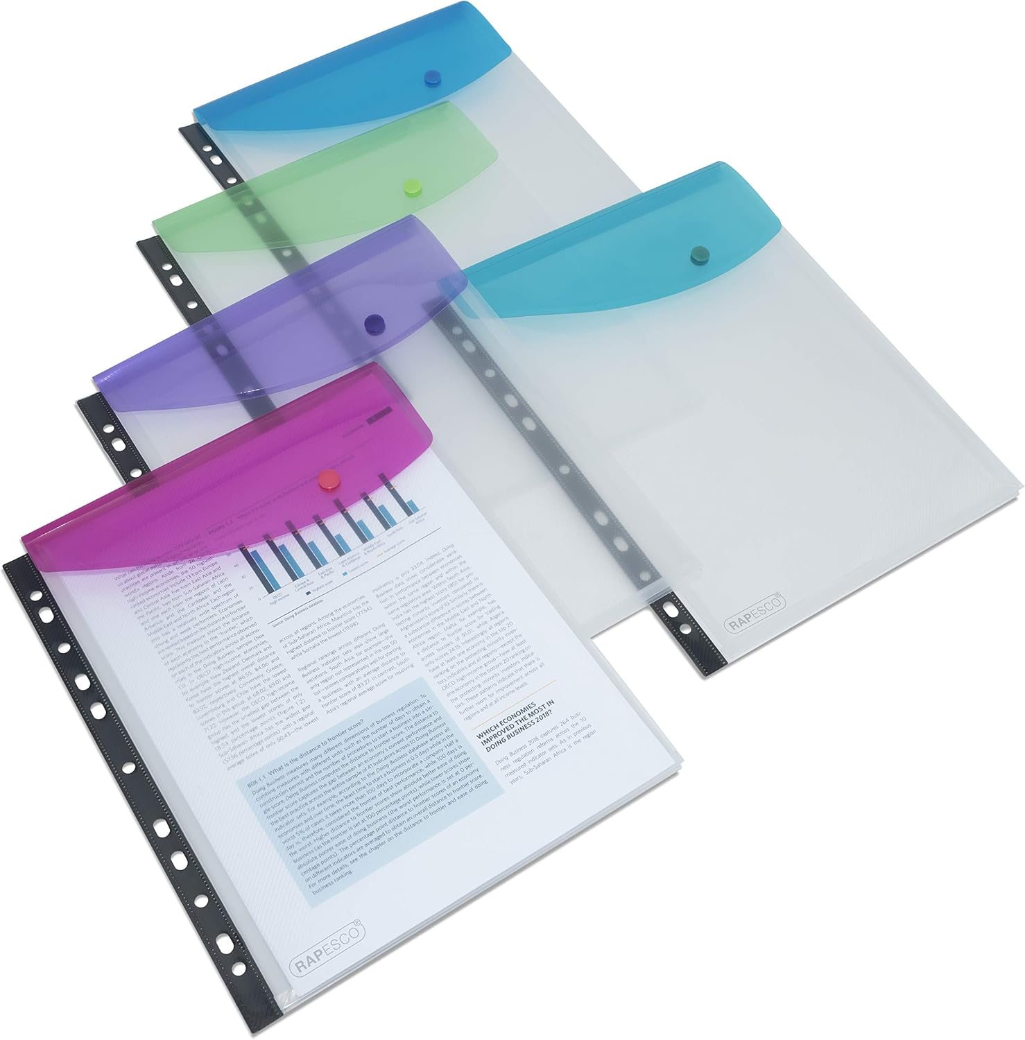 Thumbnail 1 de Rapesco 1630 ECO Pochettes Perforées Recyclées de Haute Capacité – A4, Transparentes avec Rabats de Couleurs Assorties – Lot de 5