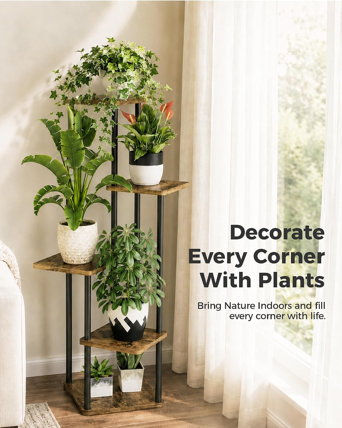 Detalle 2 de Bamworld HTMYX-5T-BLK 5-Tier Corner Plant Stand with Metal Frame