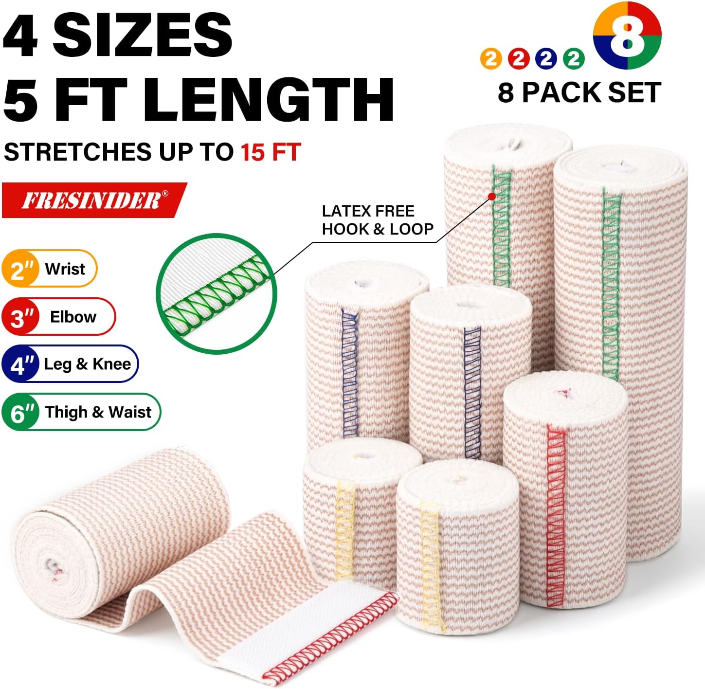 Detalle de FRESINIDER Elastic Bandage Wraps, 8-Pack Cotton Set with Hook-and-Loop Ends