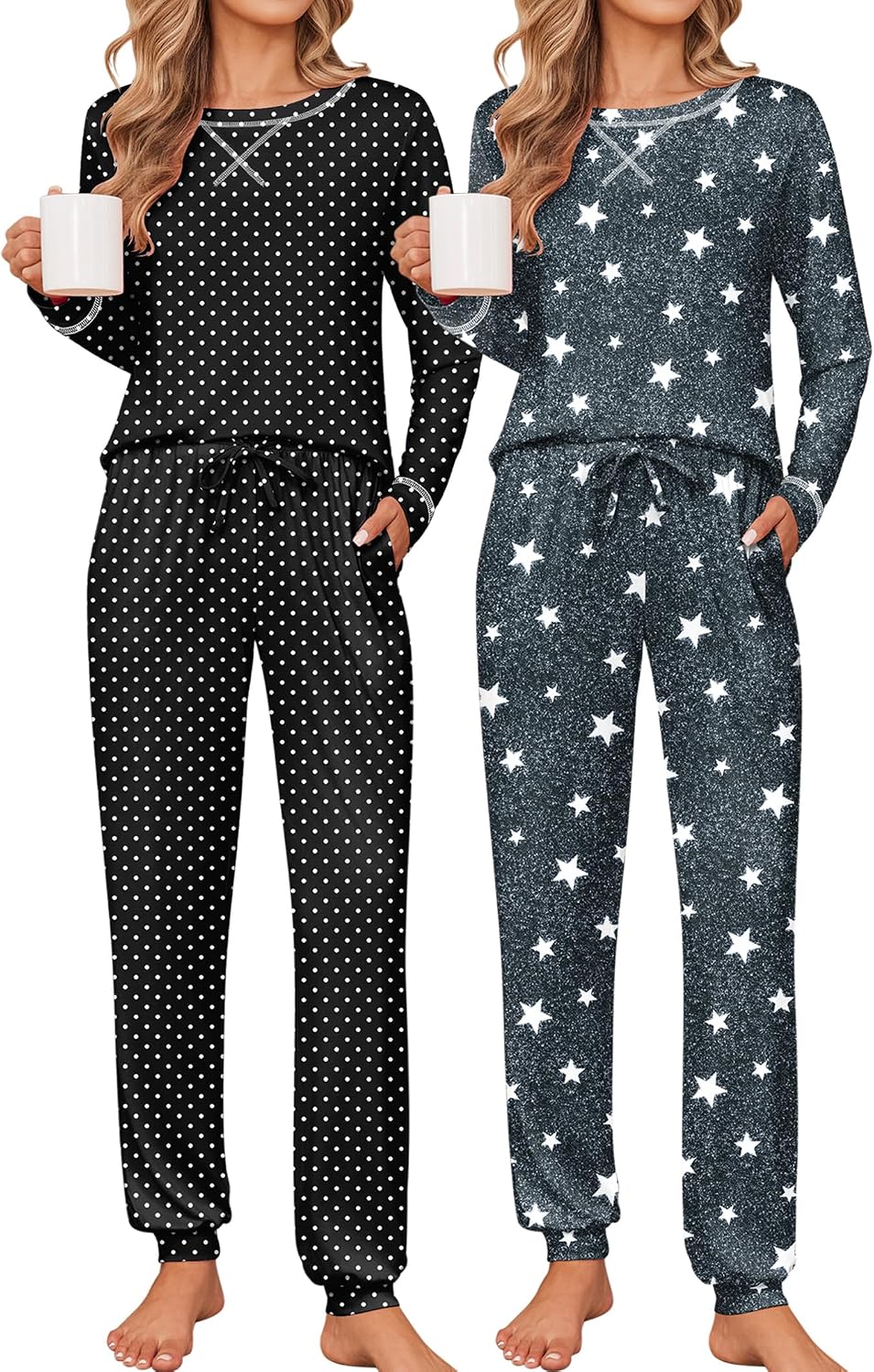 Detalle de Ekouaer 2-Pack Women's Pajama Sets, Long-Sleeve Tops and Jogger Pants