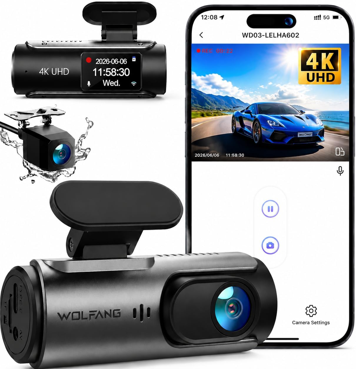Detalle de WOLFANG Dashcam Auto Vorne und Hinten – 4K+1080P, Wi‑Fi, Nachtmodus, 70° Weitwinkel