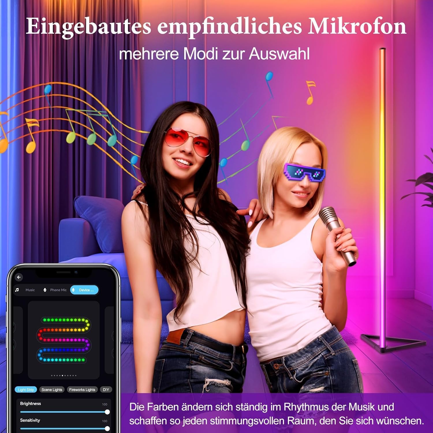 Thumbnail 4 de LED Stehlampe fürs Wohnzimmer dimmbar, 140 cm abnehmbar – RGBIC mit App, 16 Mio. Farben & Musikmodus (schwarz, 2 Stück)