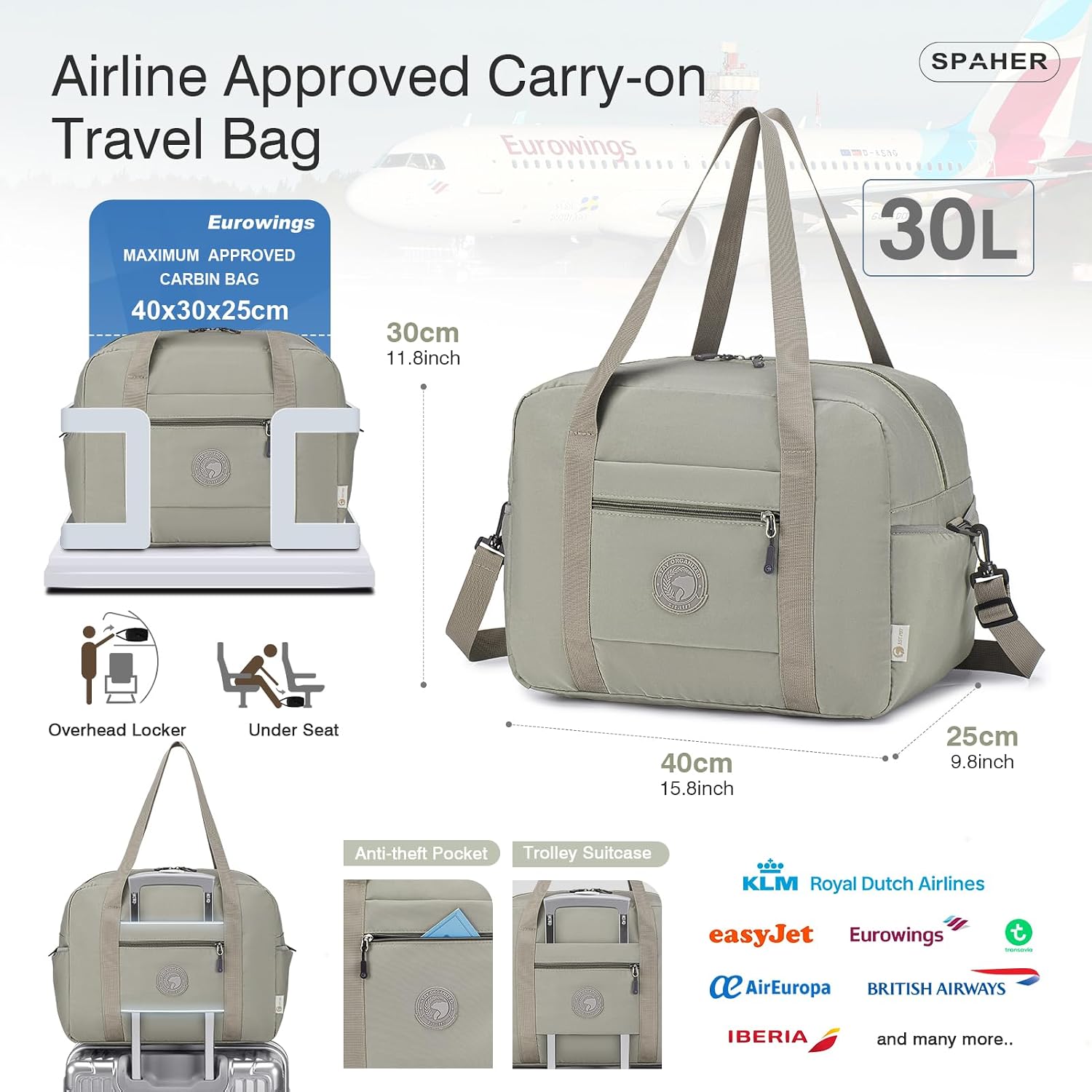 Thumbnail 1 de SPAHER Sac de voyage cabine avion 40x30x25 cm (30L) avec trousses de toilette