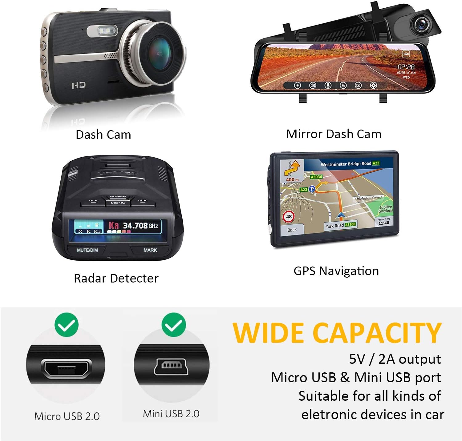 Detalle de SHISHUO Hardwire Kit for Dash Cams (4m cable, Mini USB & Micro USB ports, battery drain protection)