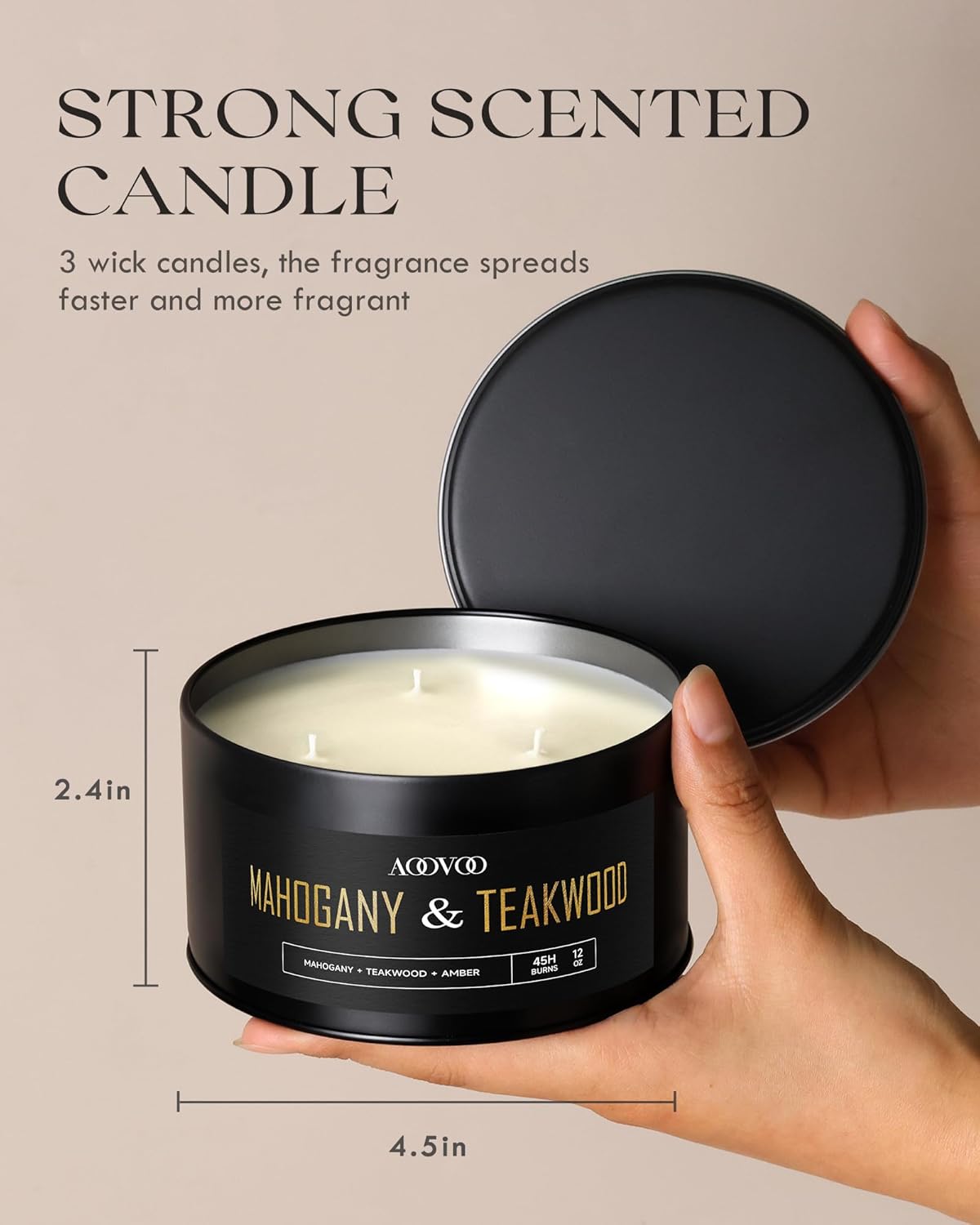 Detalle 2 de AOOVOO Mahogany Teakwood 3-Wick Large Soy Candle (12oz) — Rich, Masculine Home Fragrance