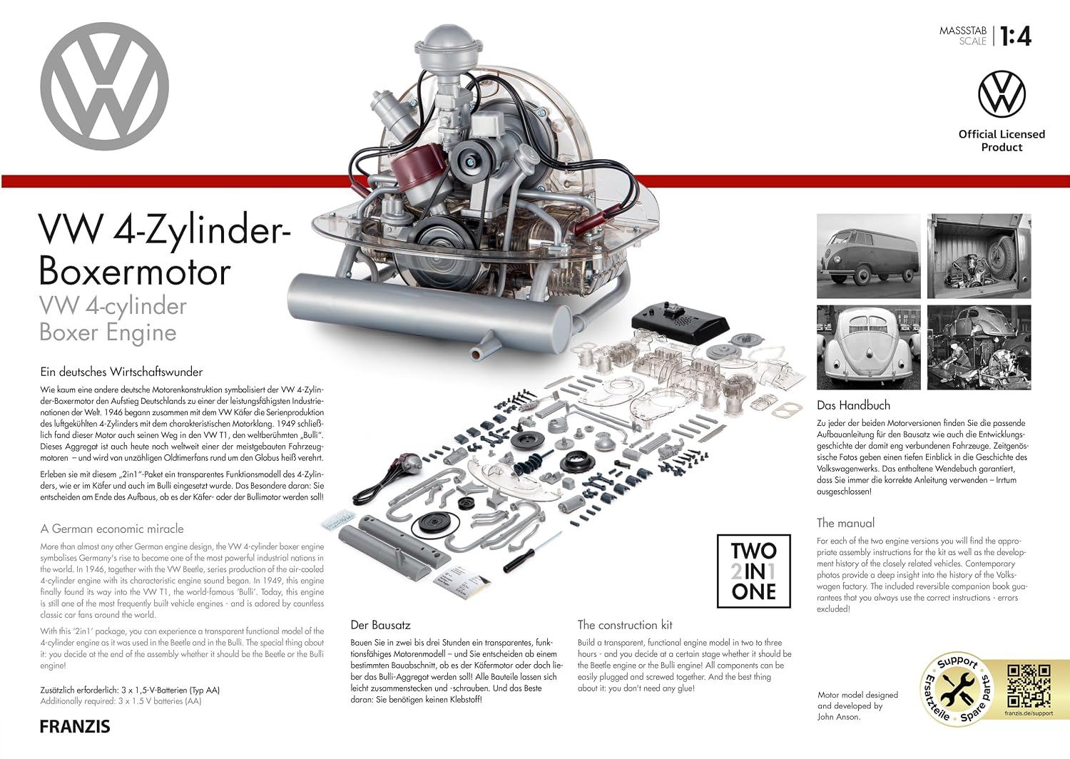 Detalle de FRANZIS 67308 Volkswagen VW 4-Zylinder Boxermotor 1:4 – Transparentes Funktionsmodell mit Soundmodul