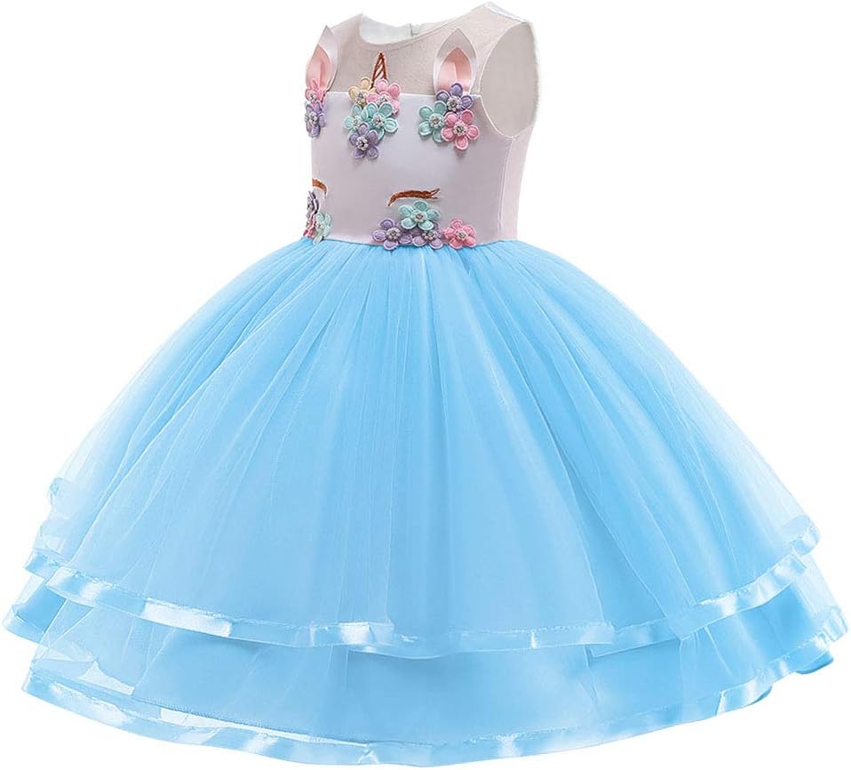 Detalle de URAQT Mädchen Prinzessin Kleid mit Einhorn-Design (inkl. Halskette & Stirnband) – Blau, 110 cm