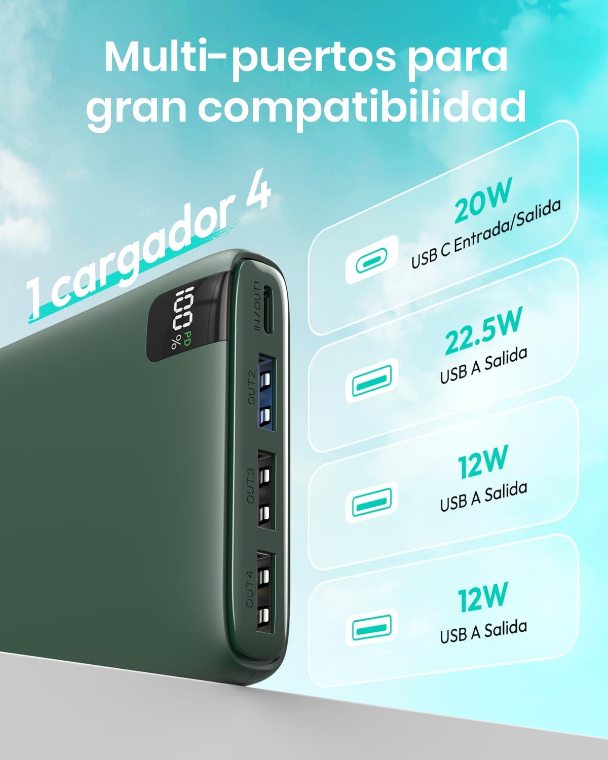 Thumbnail 4 de A ADDTOP Power Bank 20000mAh: caricabatterie portatile con ricarica rapida 22,5W, 4 uscite e display LED