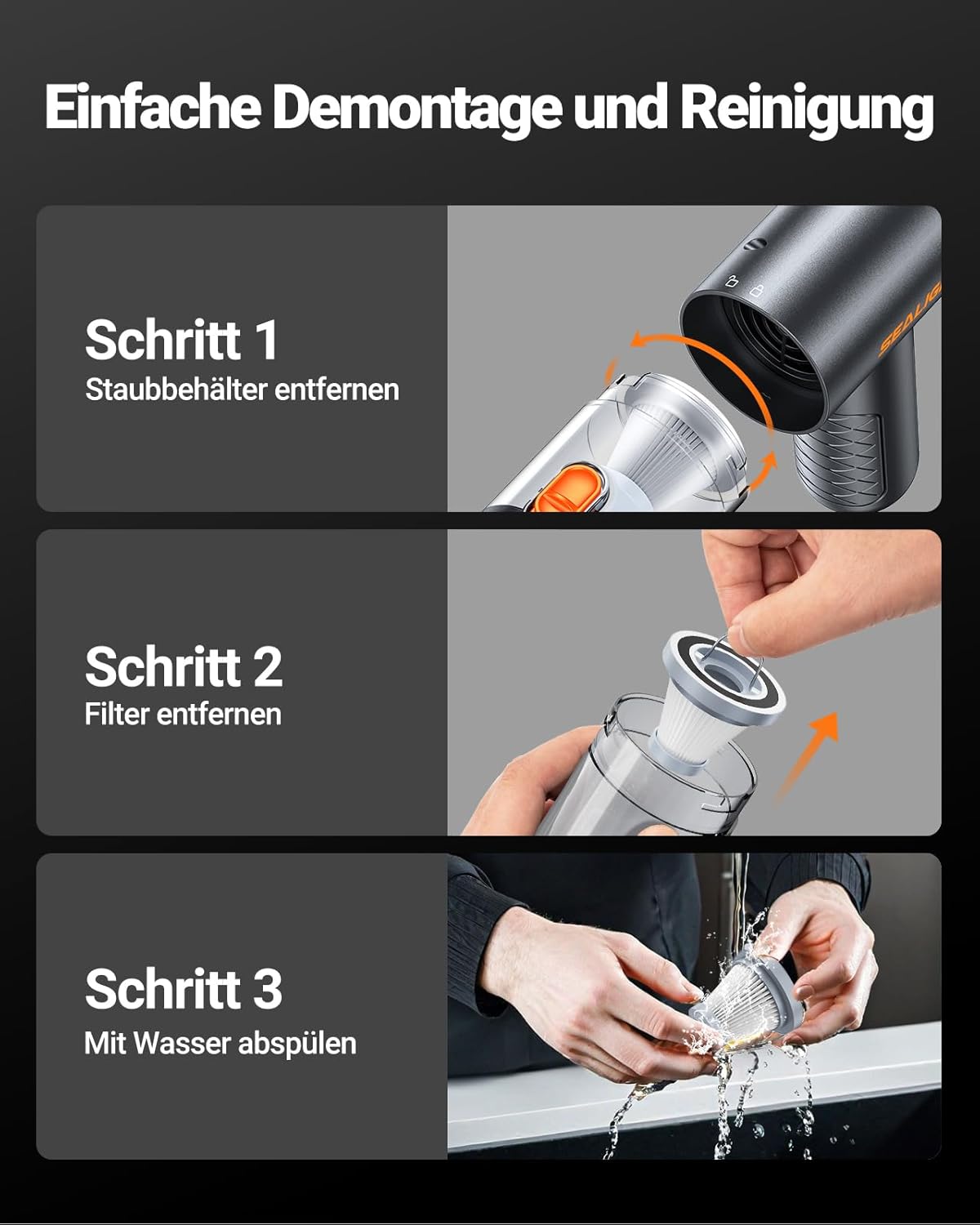 Detalle 2 de SEALIGHT Handstaubsauger 32000 Pa – kabellos, 4-in-1 Autostaubsauger mit 400000 U/min