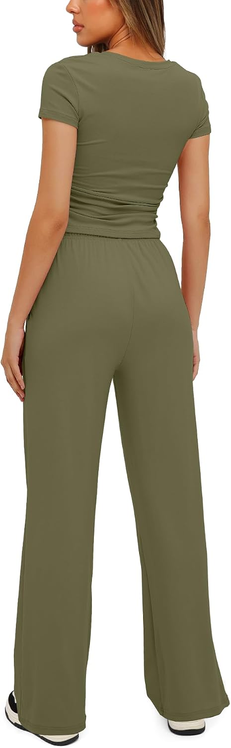 Thumbnail 1 de Darong Women's 2 Piece Summer Outfits Lounge Sets: Side Ruched Crop Top & Wide Leg Pants