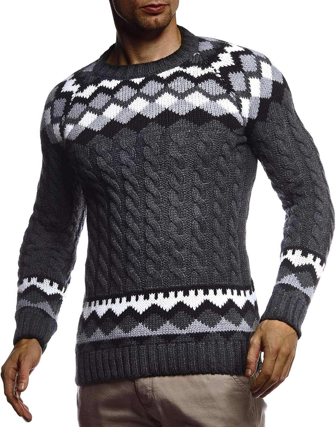 Detalle de Leif Nelson LN20757 pull norvégien en tricot homme à col rond, motif nordique et coupe ajustée
