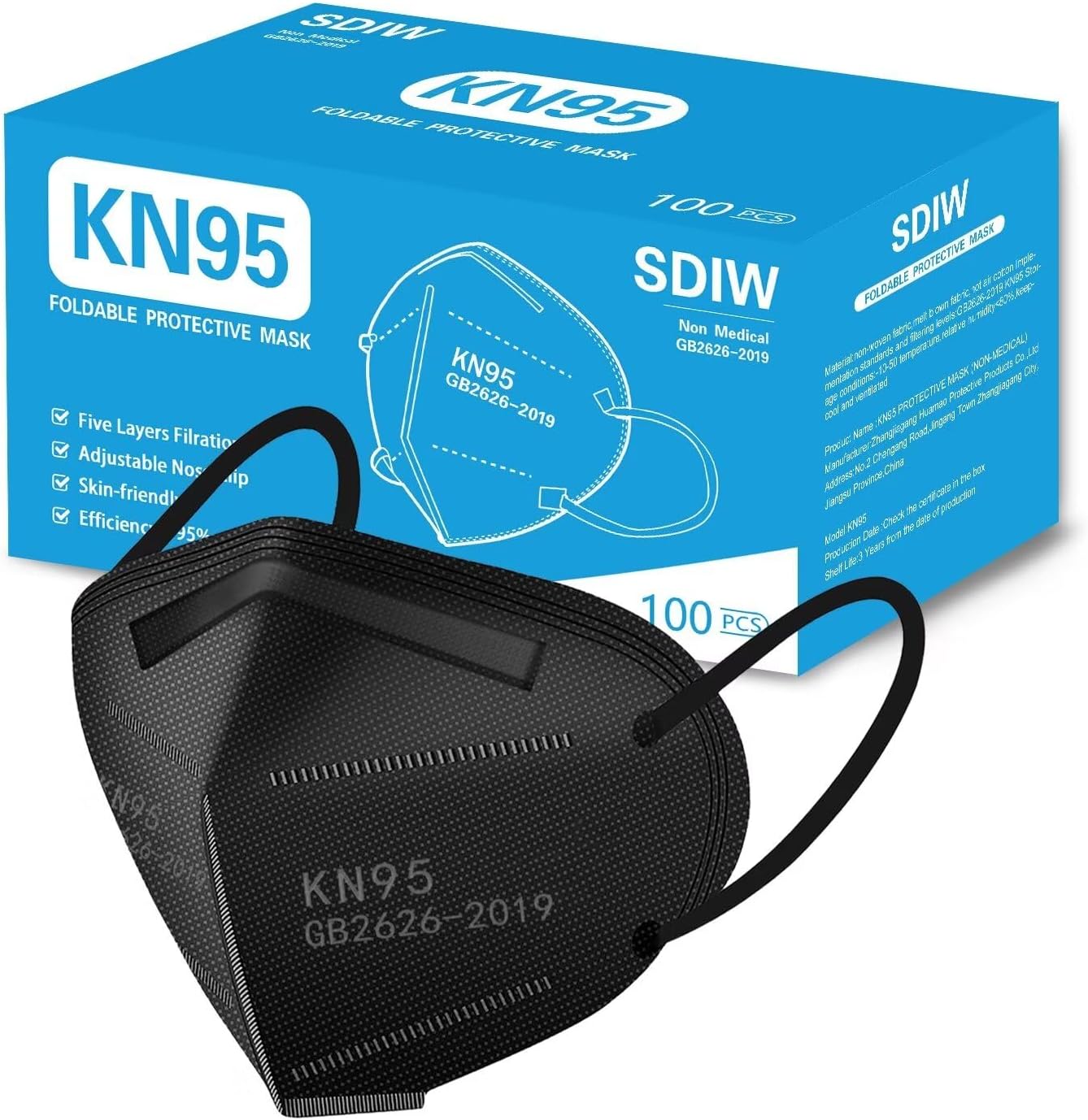 Detalle de SDIW HM.KZ002 KN95 Face Masks, 5-Ply Black Adult Masks, 100 Count
