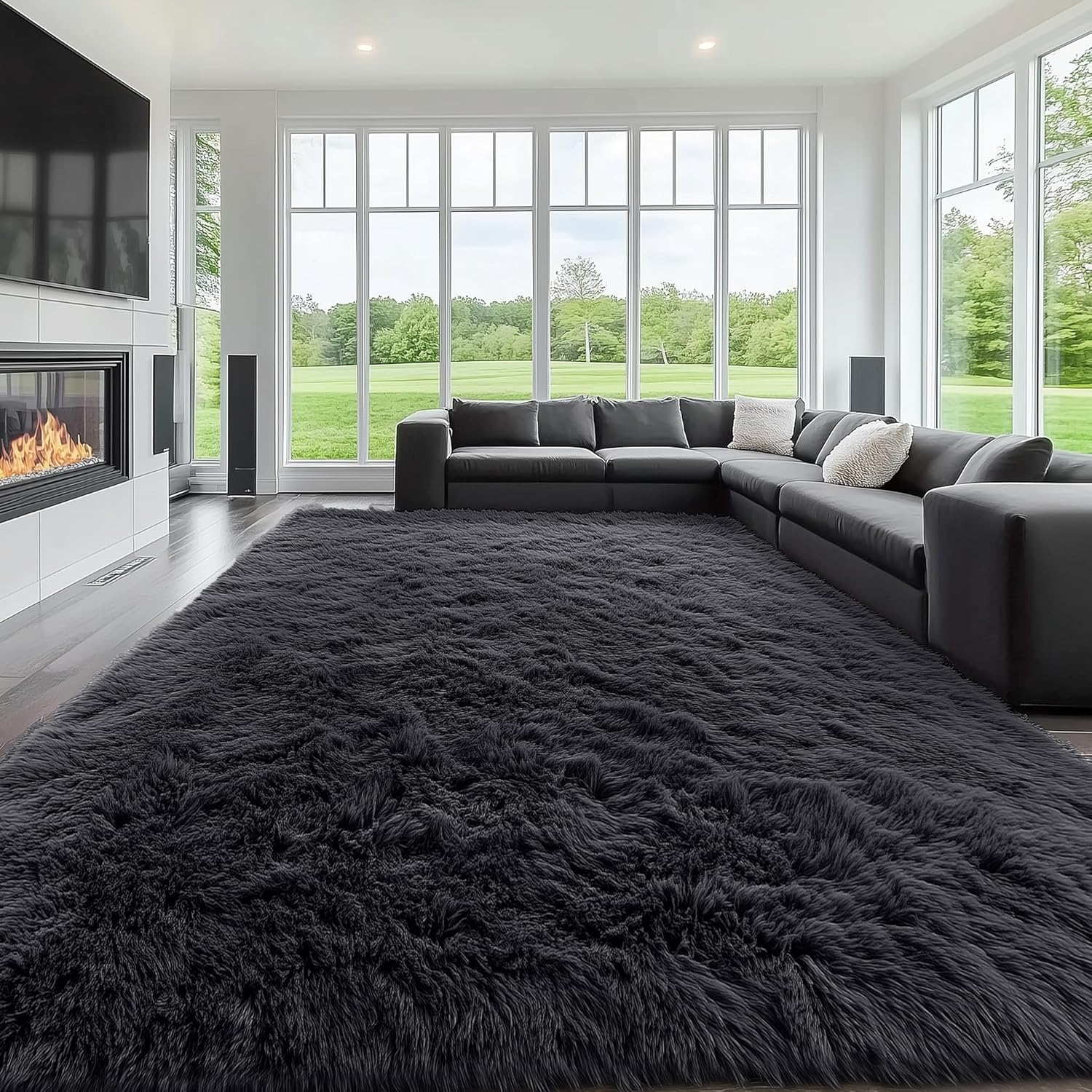 Detalle de Homaxy Hochflor Teppich 60 x 100 cm Schwarz mit Anti-Rutsch-Unterseite und Waschbar