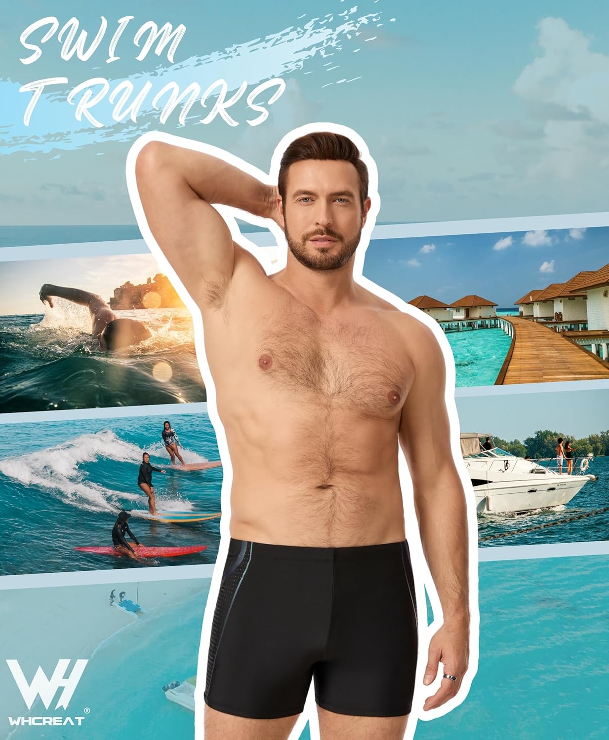 Detalle de WHCREAT Maillot de Bain Homme – Short de Bain à Cordon de Serrage et Séchage Rapide