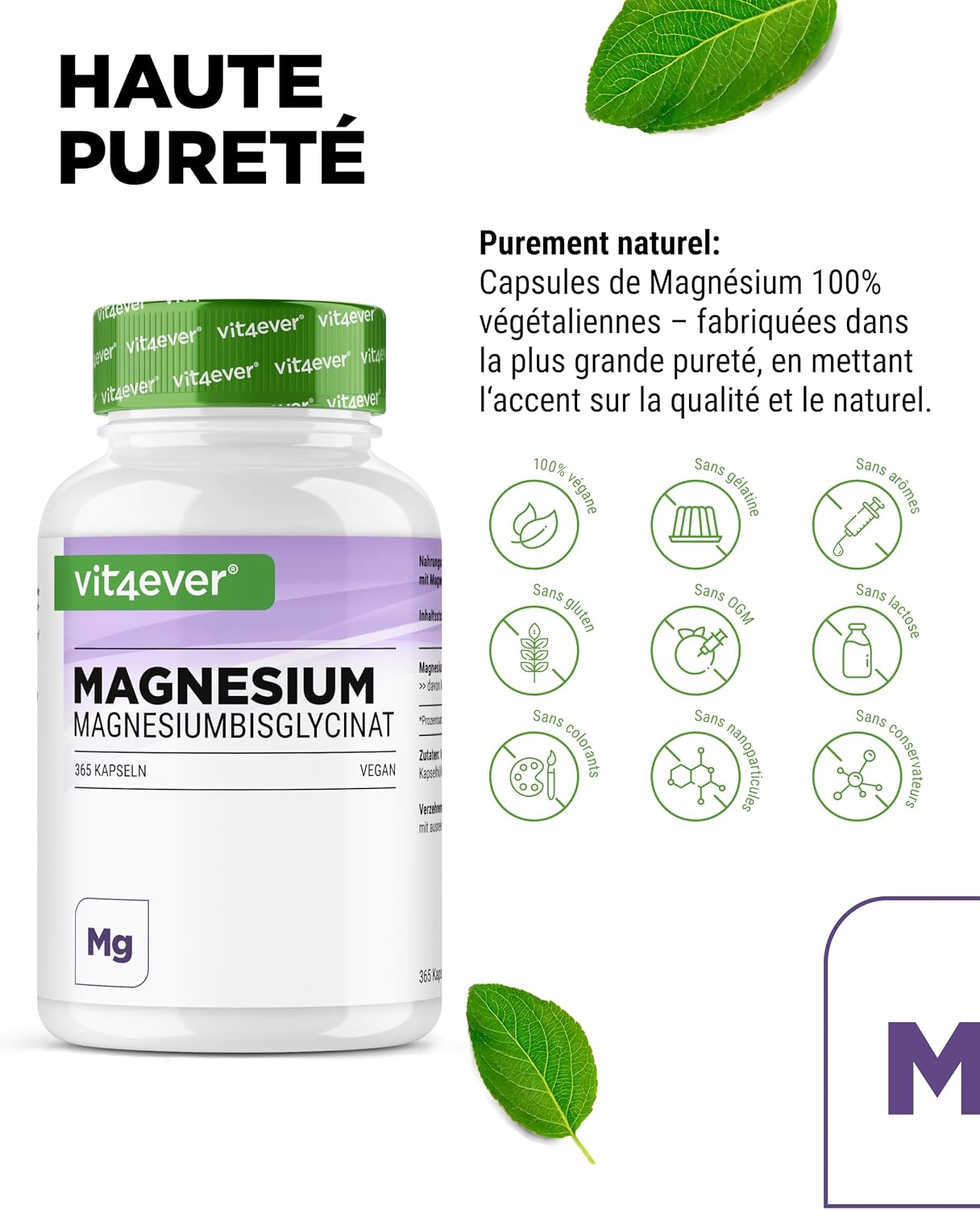 Detalle de Bisglycinate de magnésium 300 mg (3 gélules/jour) – 365 gélules, vegan