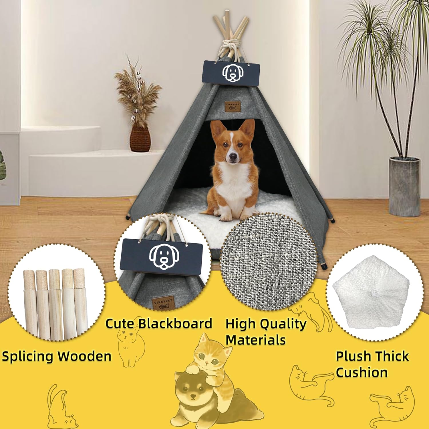 Detalle 2 de Vinnypet Tipi Zelt für Katzen und Hunde – Luxuriöses Haustierzelt mit abnehmbarer, waschbarer Matte 50x50x60 cm