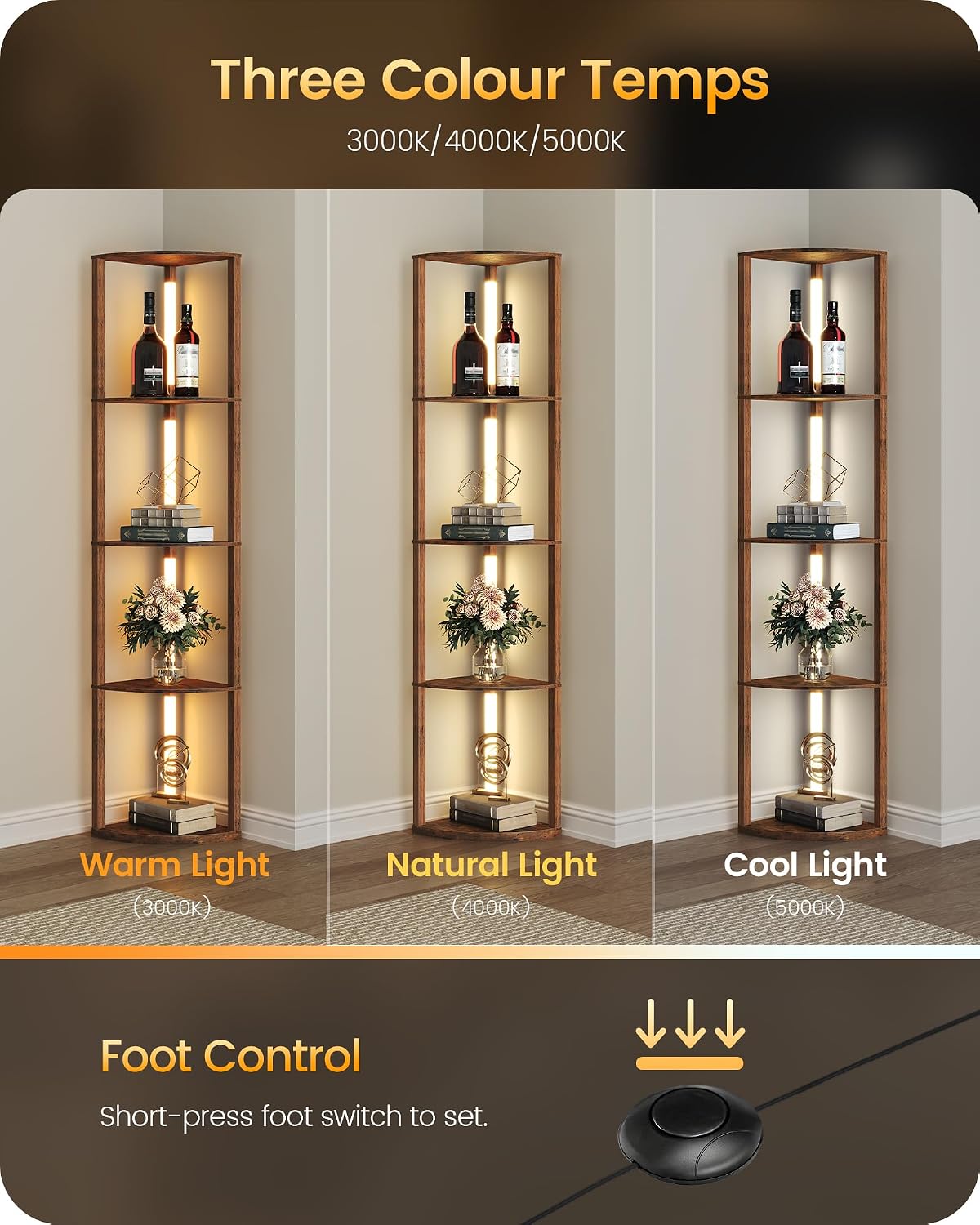 Detalle 2 de GOEBLESON Floor Lamp with Shelves (4-Tier) – 360° Rotatable Corner Light with 3 CCT & Dimming