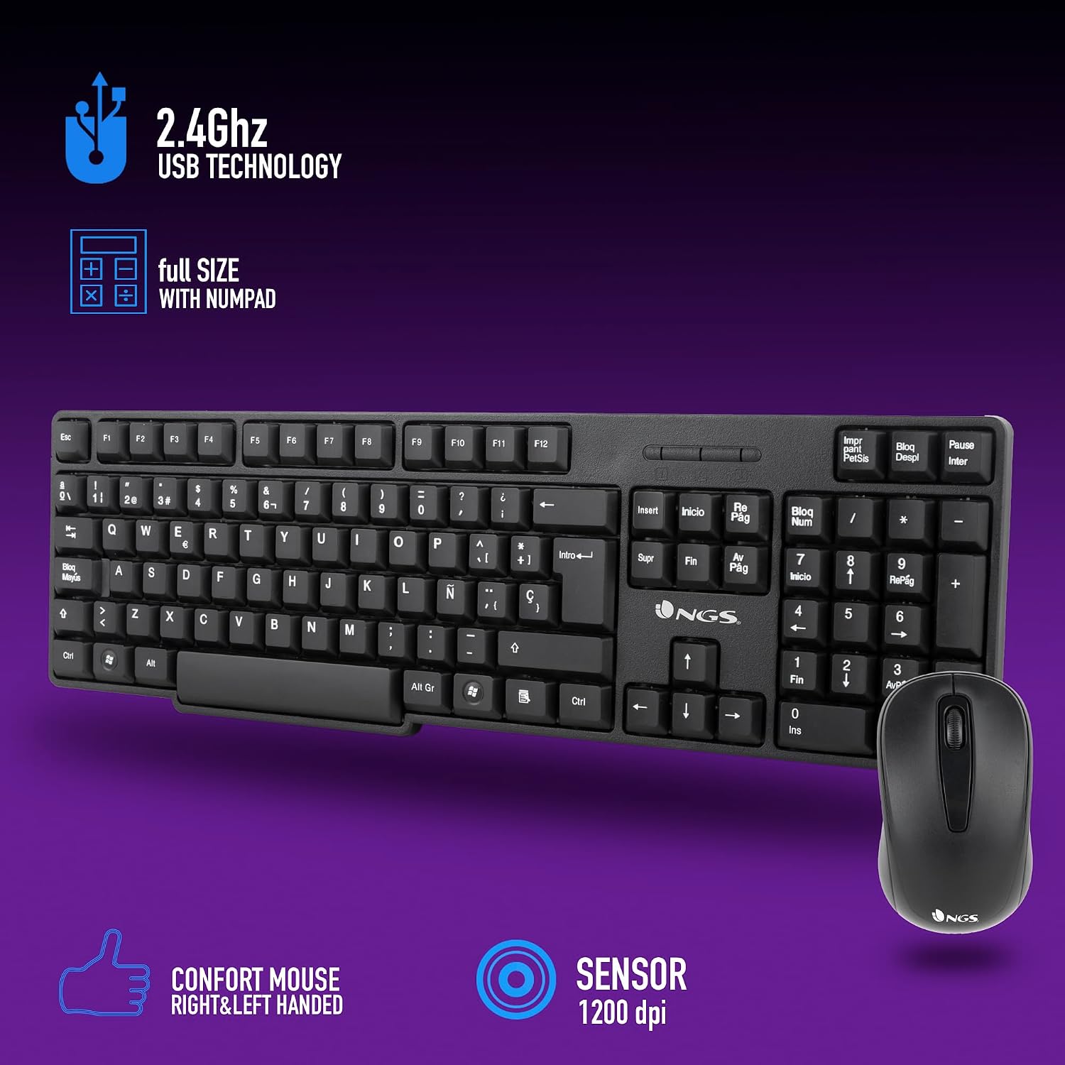 Detalle 2 de NGS Euphoria kit inalámbrico 2.4 GHz QWERTY español (ratón + teclado) negro