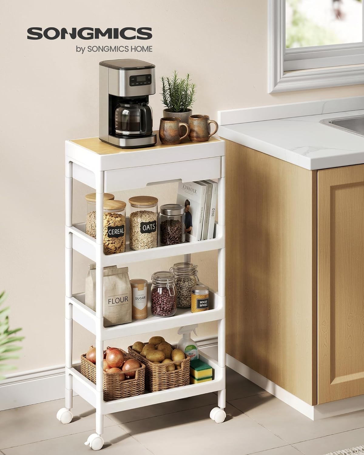 Detalle 2 de SONGMICS Carrello a 4 Ripiani BSC070W101: praticità su ruote per cucina, bagno e lavanderia
