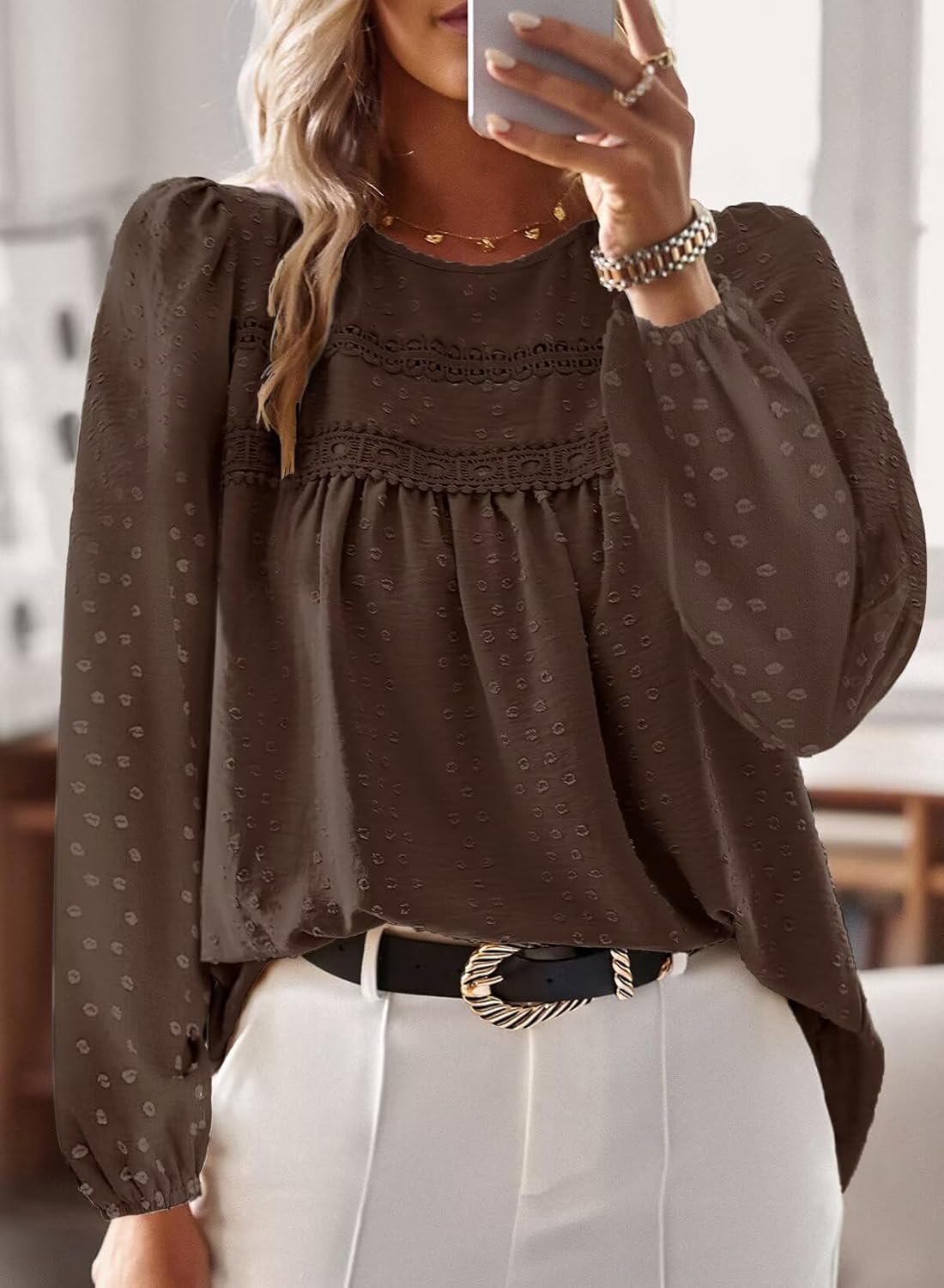 Detalle de Falechay boho crewneck crochet lace long sleeve top for women