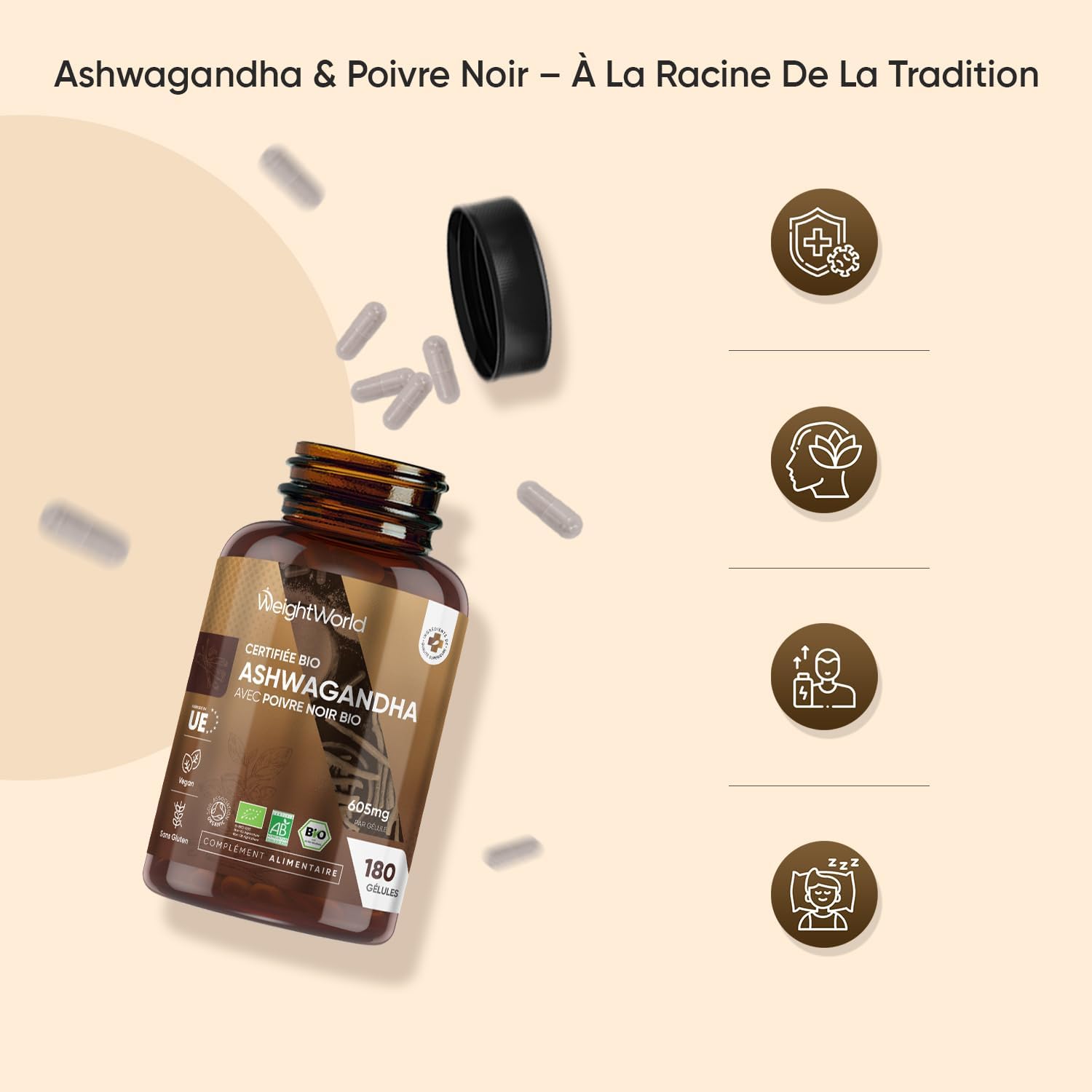 Thumbnail 1 de Ashwagandha Bio 180 Gélules Vegan – Withania Somnifera et Poivre Noir Bio, WeightWorld