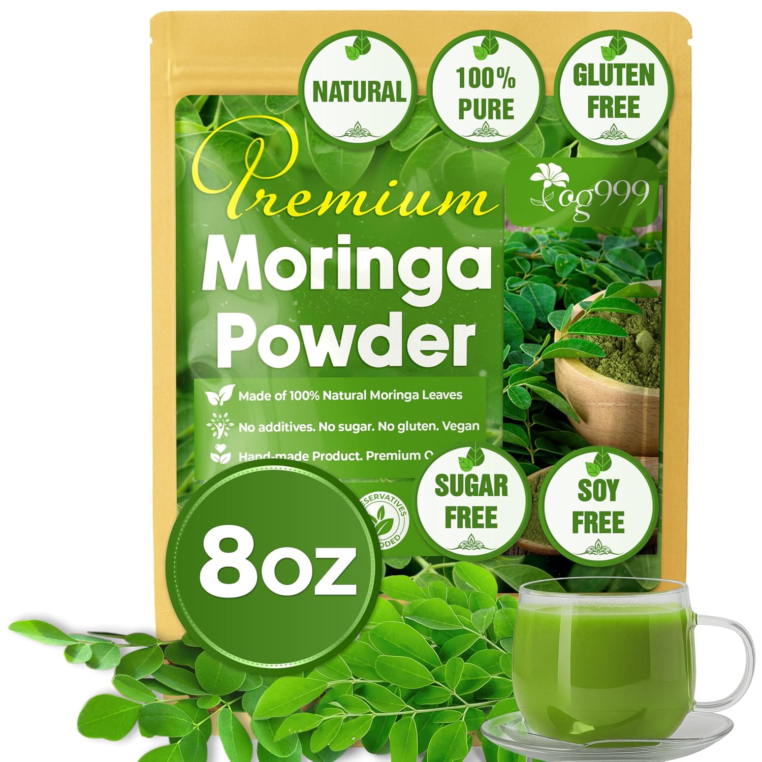 Detalle de TOG999 Moringa Leaf Powder, 8 oz, Vegan, Caffeine-Free, No Additives