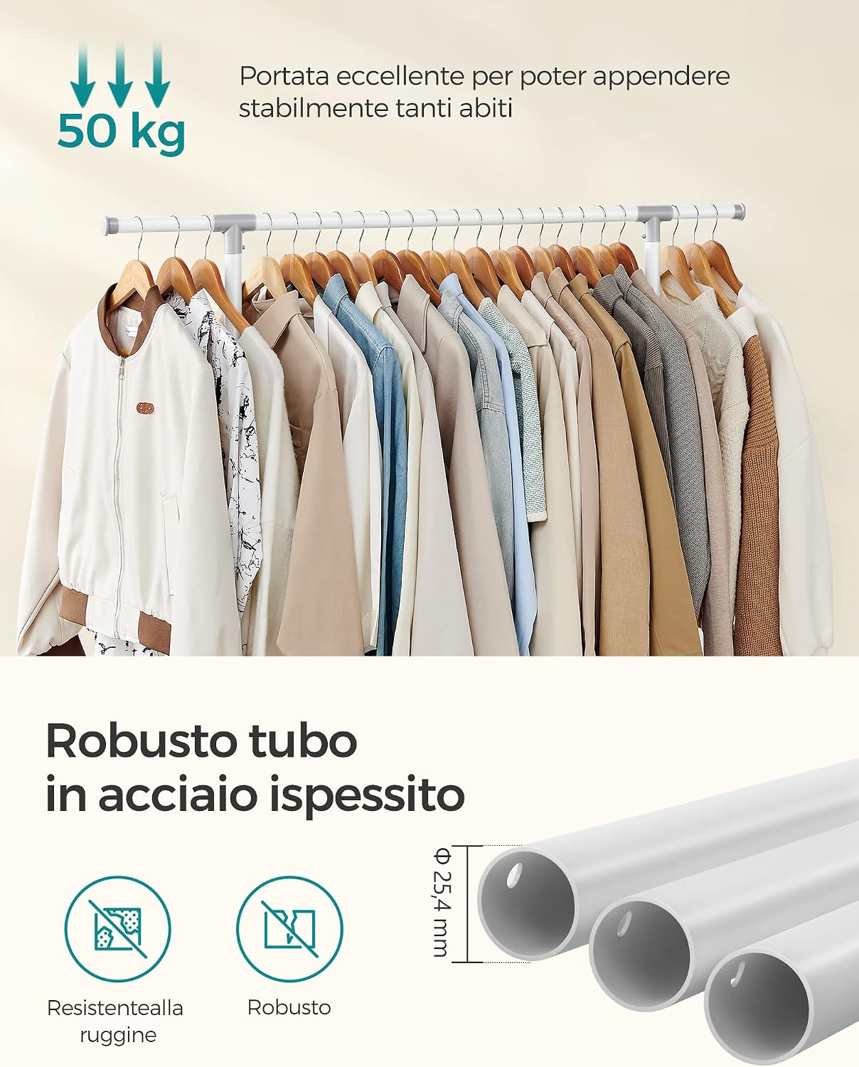 Detalle 2 de SONGMICS Stand appendiabiti doppio LLR401W01 con asta estensibile e ruote, altezza regolabile 113-180 cm