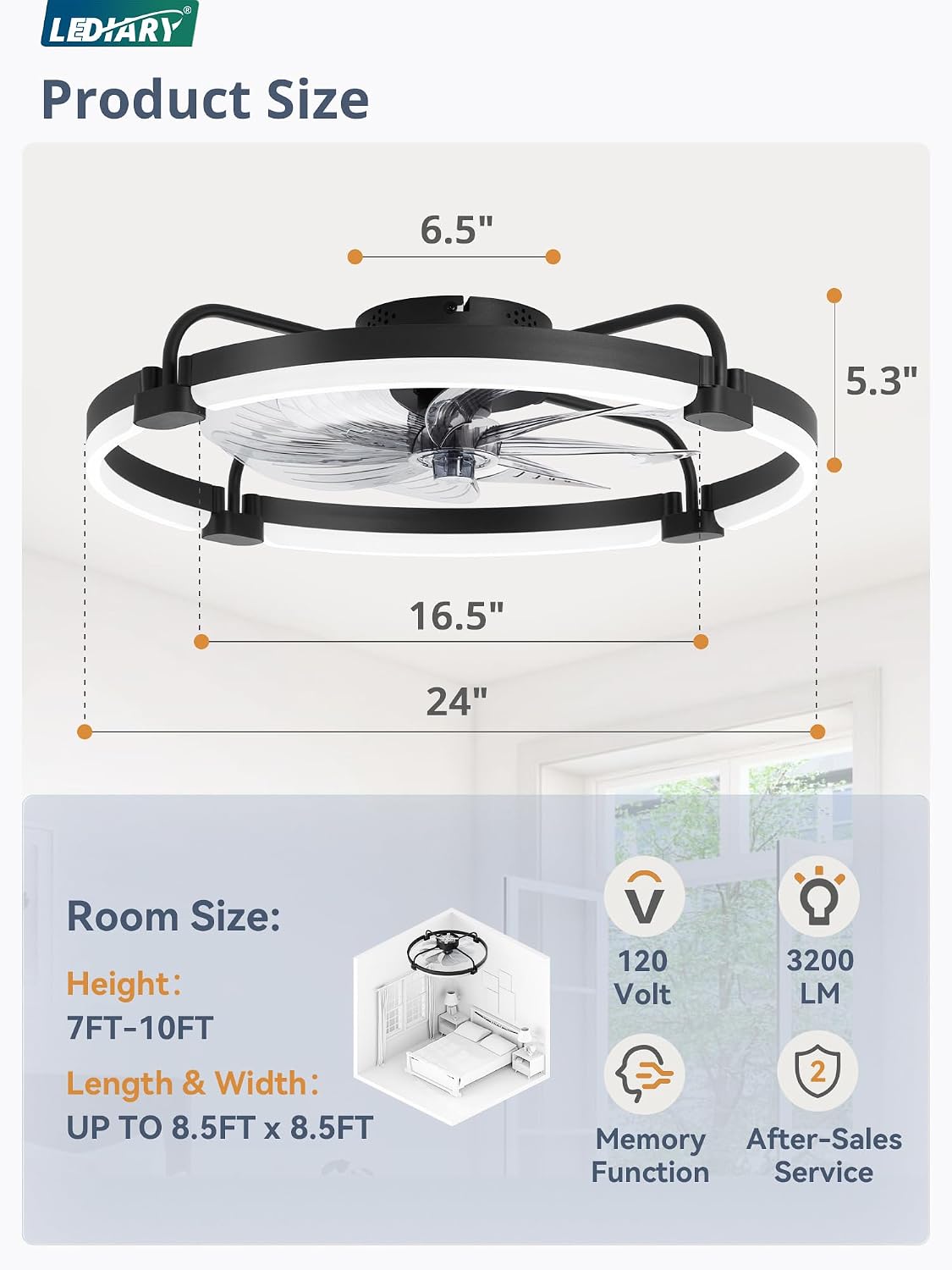 Detalle 2 de LEDIARY LM24 24-Inch Low-Profile Ceiling Fan with Light, Black, 6 Speeds