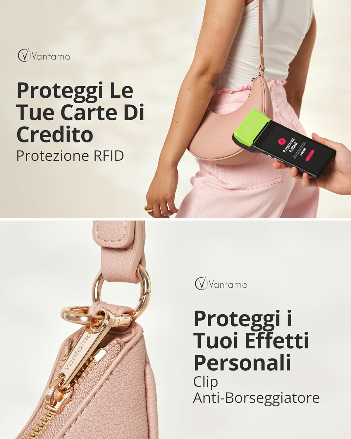 Detalle de Borsa a mezzaluna da donna in ecopelle antifurto RFID con tracolla regolabile e clip anti-borseggio