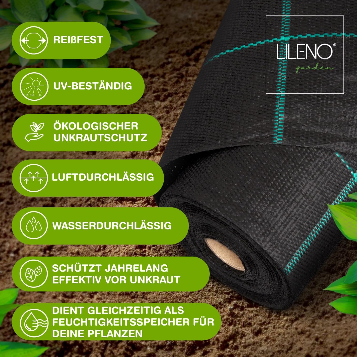 Detalle de LILENO HOME Unkrautvlies 25m² – UV-beständiges Gartenvlies gegen Unkraut, wasser durchlässig, reißfest