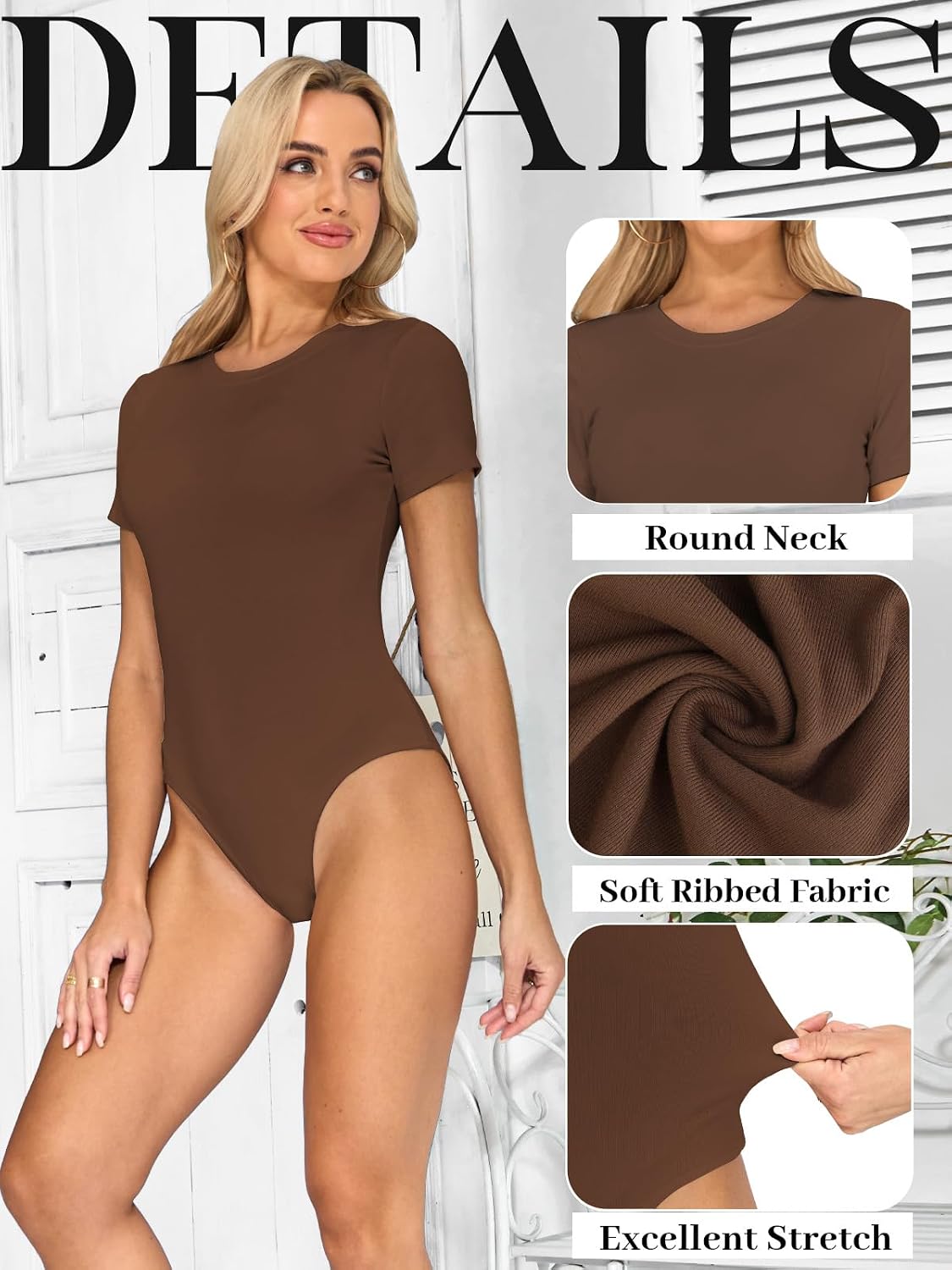 Detalle de Kefiyis Bodysuit Short Sleeves for Women – Slim Fit Nylon-Spandex Leotard with Snap Closure