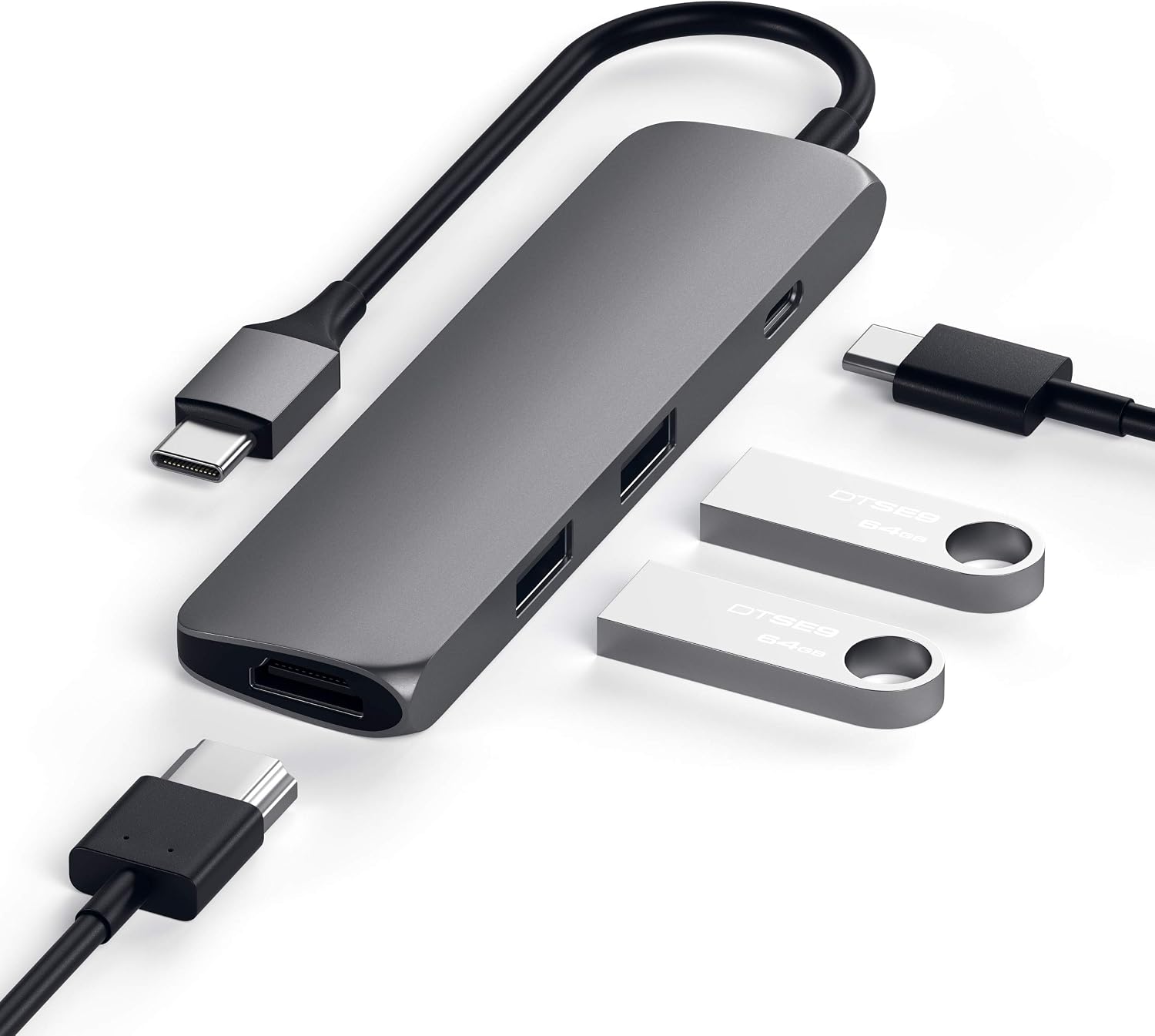 Detalle de SATECHI Hub USB‑C 4 en 1 Slim Classic (PD 60W, HDMI 4K@60Hz, Ethernet, USB‑A 10Gbps) – Gris sidéral