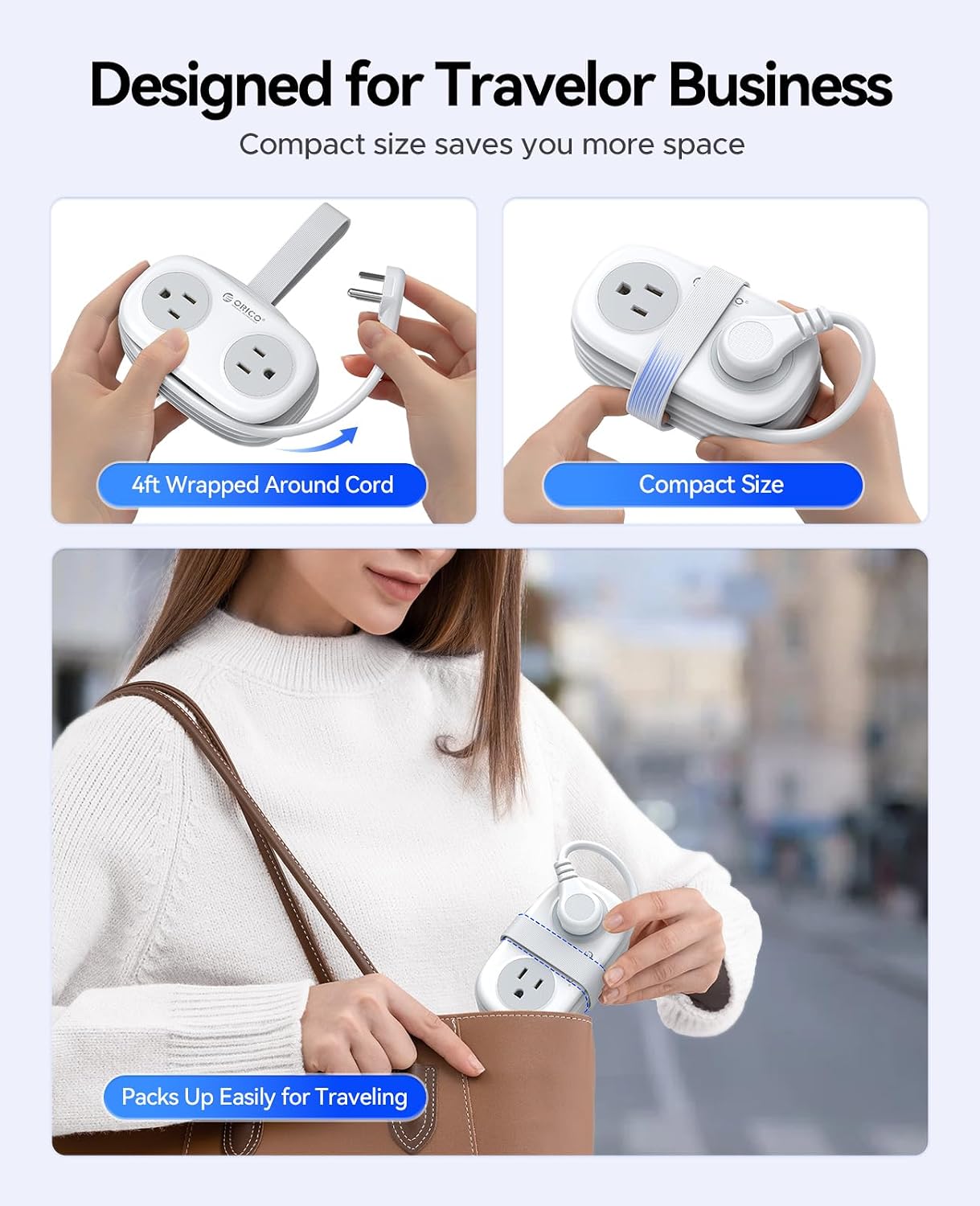 Detalle 1 de ORICO AP3 Travel Power Strip with 4 AC Outlets, 3 USB Ports, and 20W USB-C