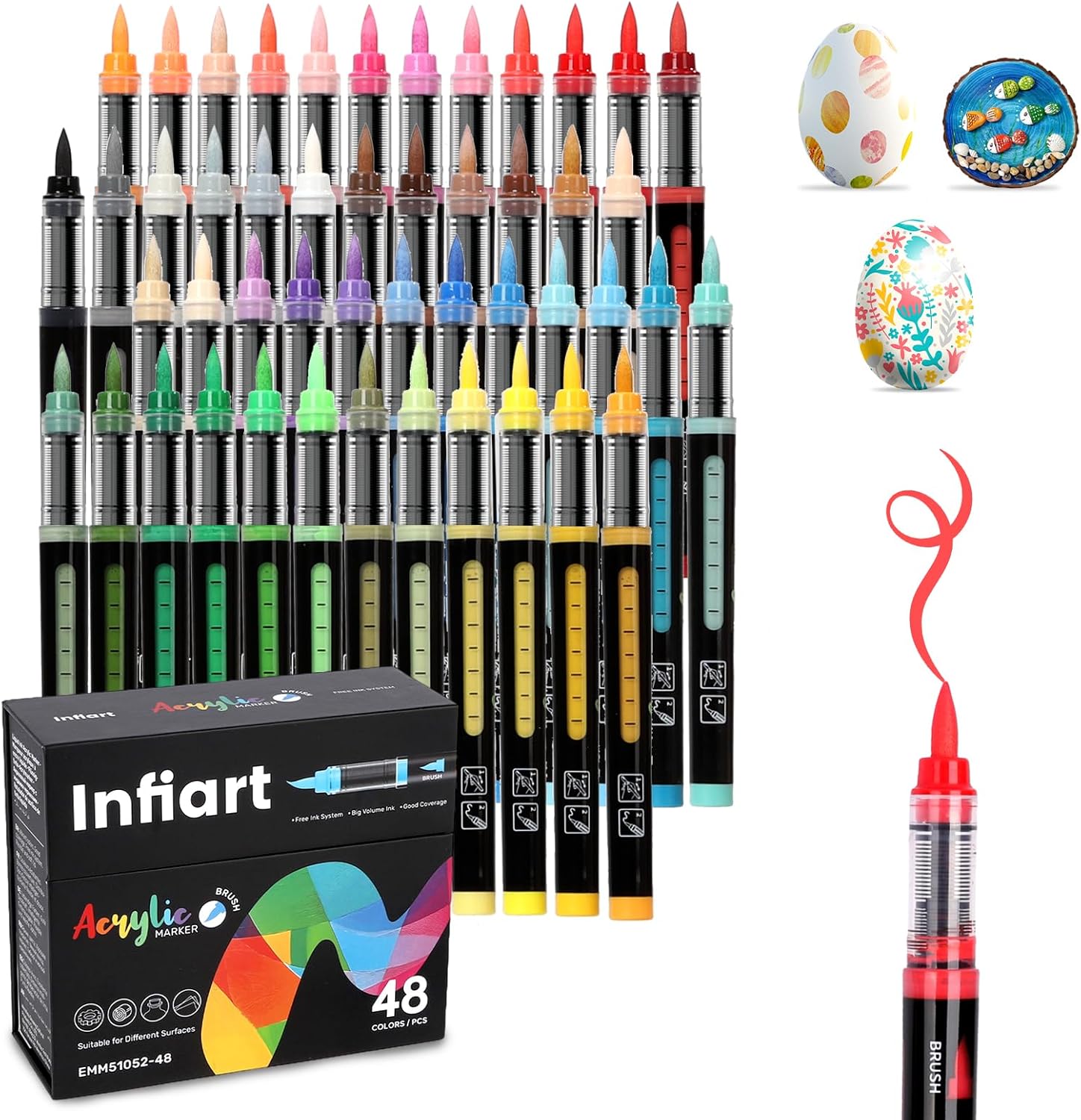 Infiart 48 Farben Acryl Marker – Pinselspitze, automatische Tintenkontrolle, 3,4 g Kapazität