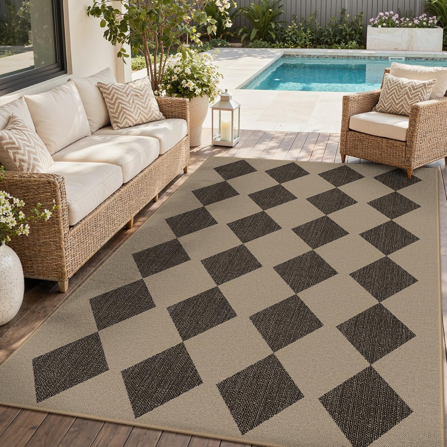Detalle de GENIMO ARM 6x9 Outdoor Rug, Washable Polyester, Charcoal Natural