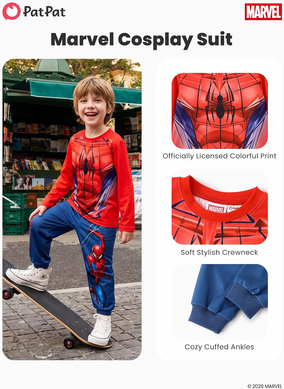 Detalle 2 de Disney Teen Boy Long Crewneck Sweatshirt Pants Spider-Man Sweatsuit Set, Ages 2–9