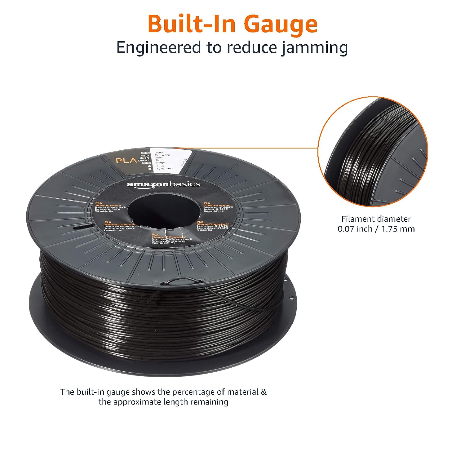 Detalle 2 de Amazon Basics Filamento 3D PLA 1.75 mm, Cinta 1 kg, Negro 🚀