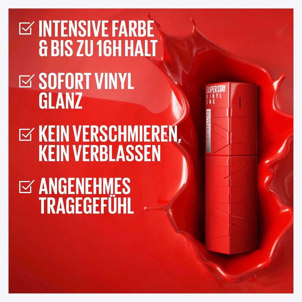 Detalle 2 de Maybelline New York Super Stay Vinyl Ink – flüssiger Lippenstift mit Vinyl-Glanz, 16H Halt & Nuance 10 Lippy (4,2 ml)