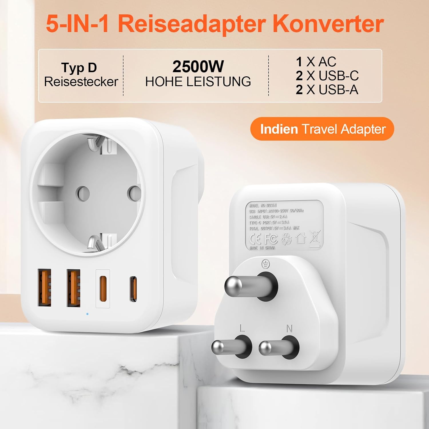 Detalle 2 de Denlane Reiseadapter Indien 2500W 🌍