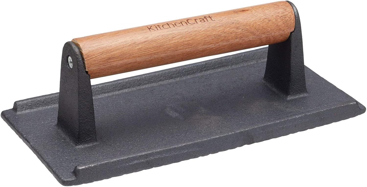 Detalle de KitchenCraft KC Blue gietijzeren grillpers met houten handgreep, 21 x 11 x 8 cm