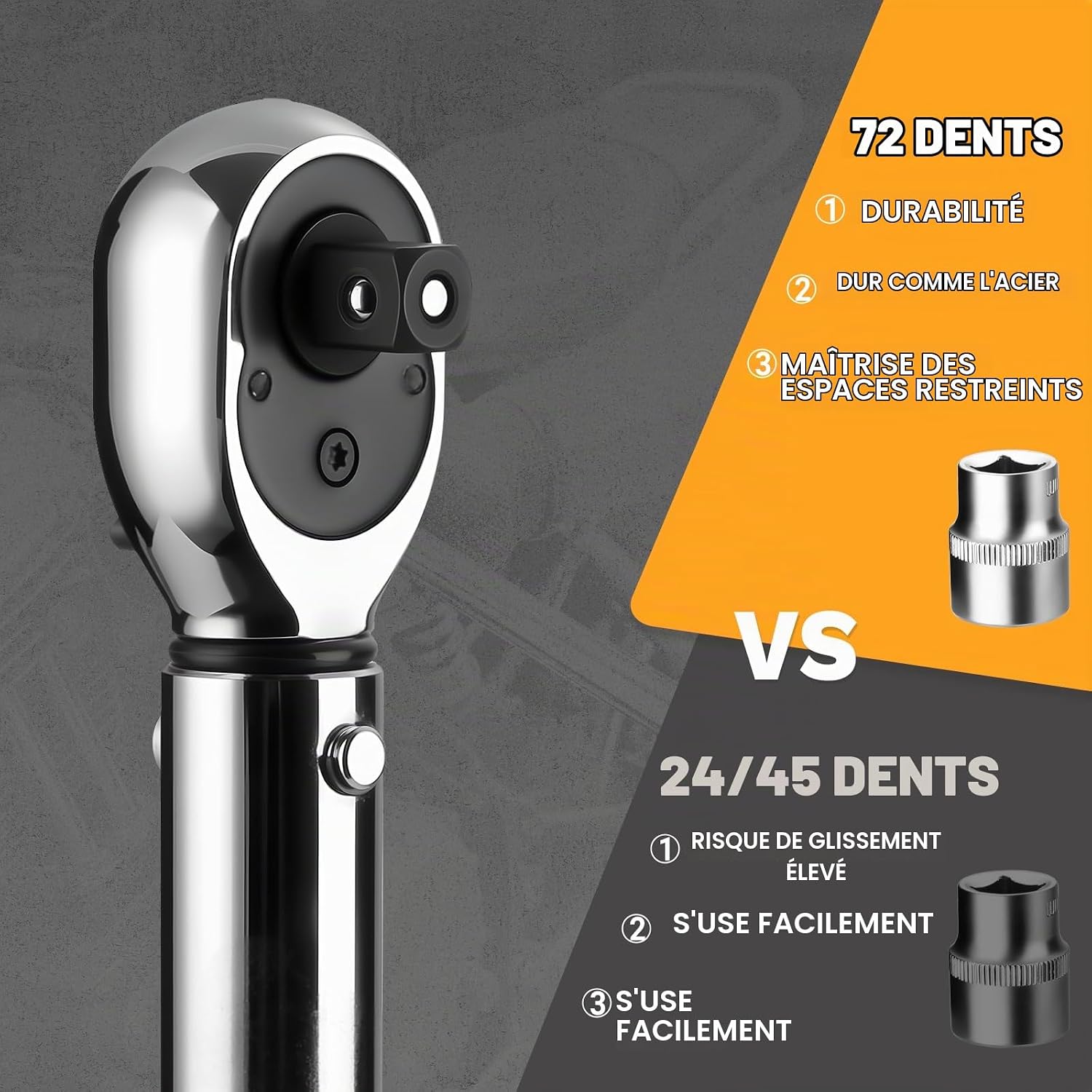 Detalle de DEKOPRO DKHWTW0002 momentsleutel 3/8, 6,8–67,8 Nm en 72 tanden